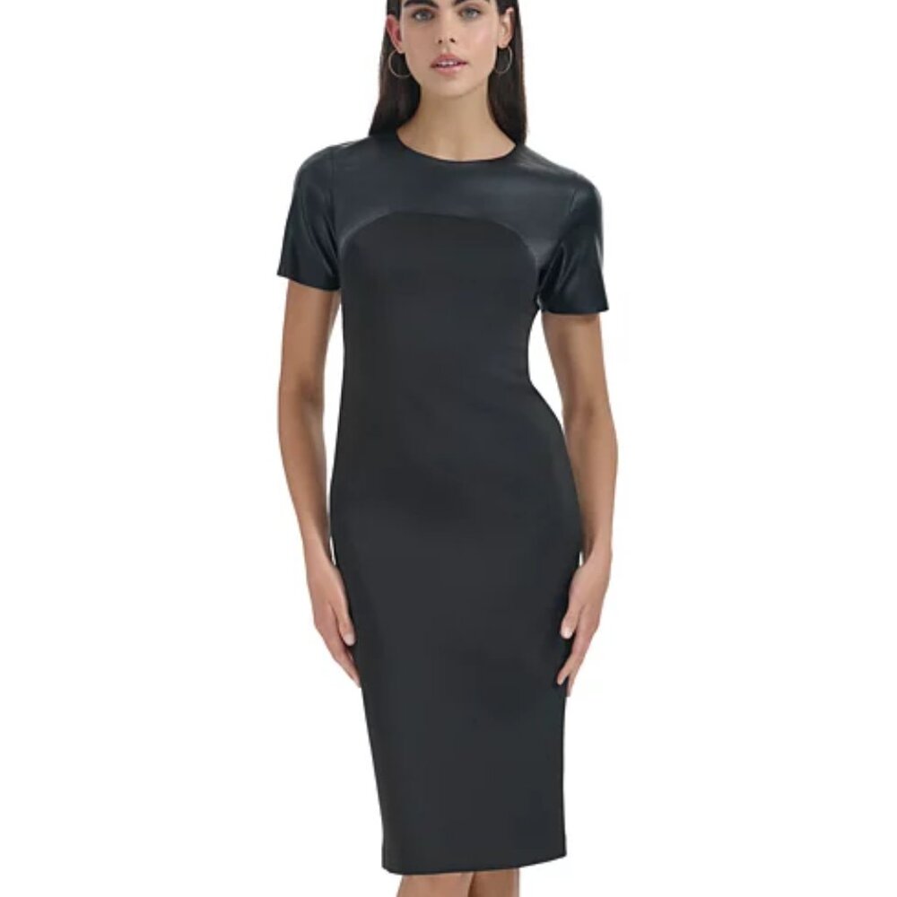 New Calvin Klein Elegant BLACK Short sleeve Mix media Sheath Dress
